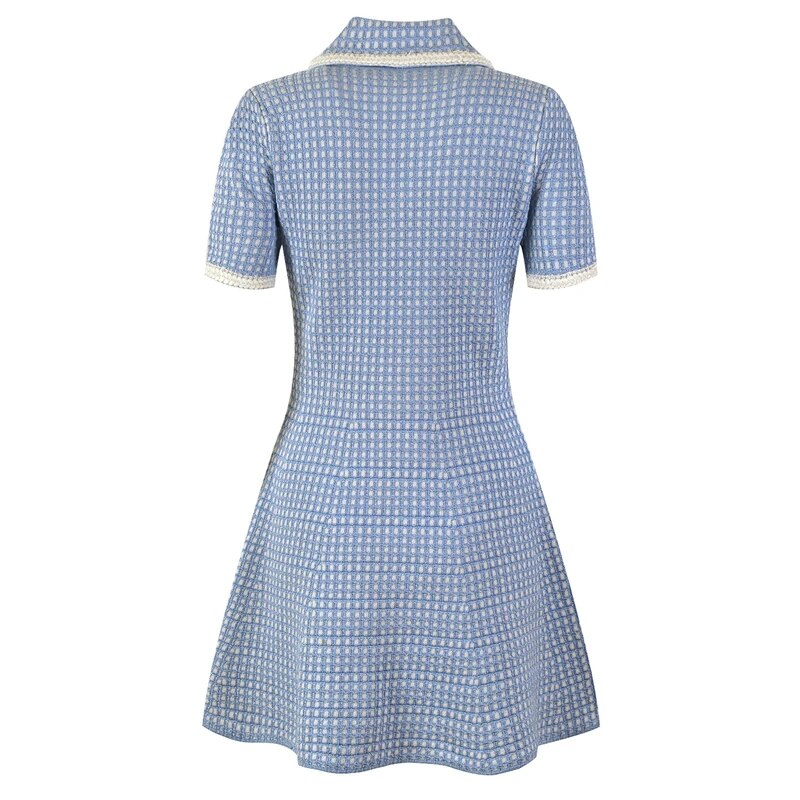 New Arrive Knitted Women Mini Dress Turn-Down Collor Short Sleeve Single Breasted Lady Dress