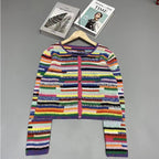 Sequined Striped Sweater Cardigans Women Luxury High Street Single Breasted Long Sleeve Designer  Vintage Elegant Traf Tops Pull