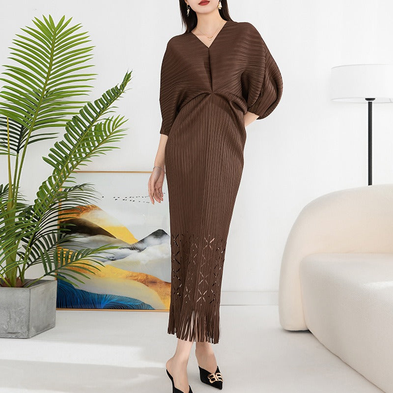 OFF high quality solid designer v-neck office work ladies maxi dresses for women new in zevity batwing sleeve elegant party robe