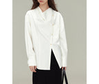 Vintage Loose Drape Neck Asymmetrical Design Long Sleeve Shirt Blouse for Women, TR Fine Diagonal Comfortable Autumn Style