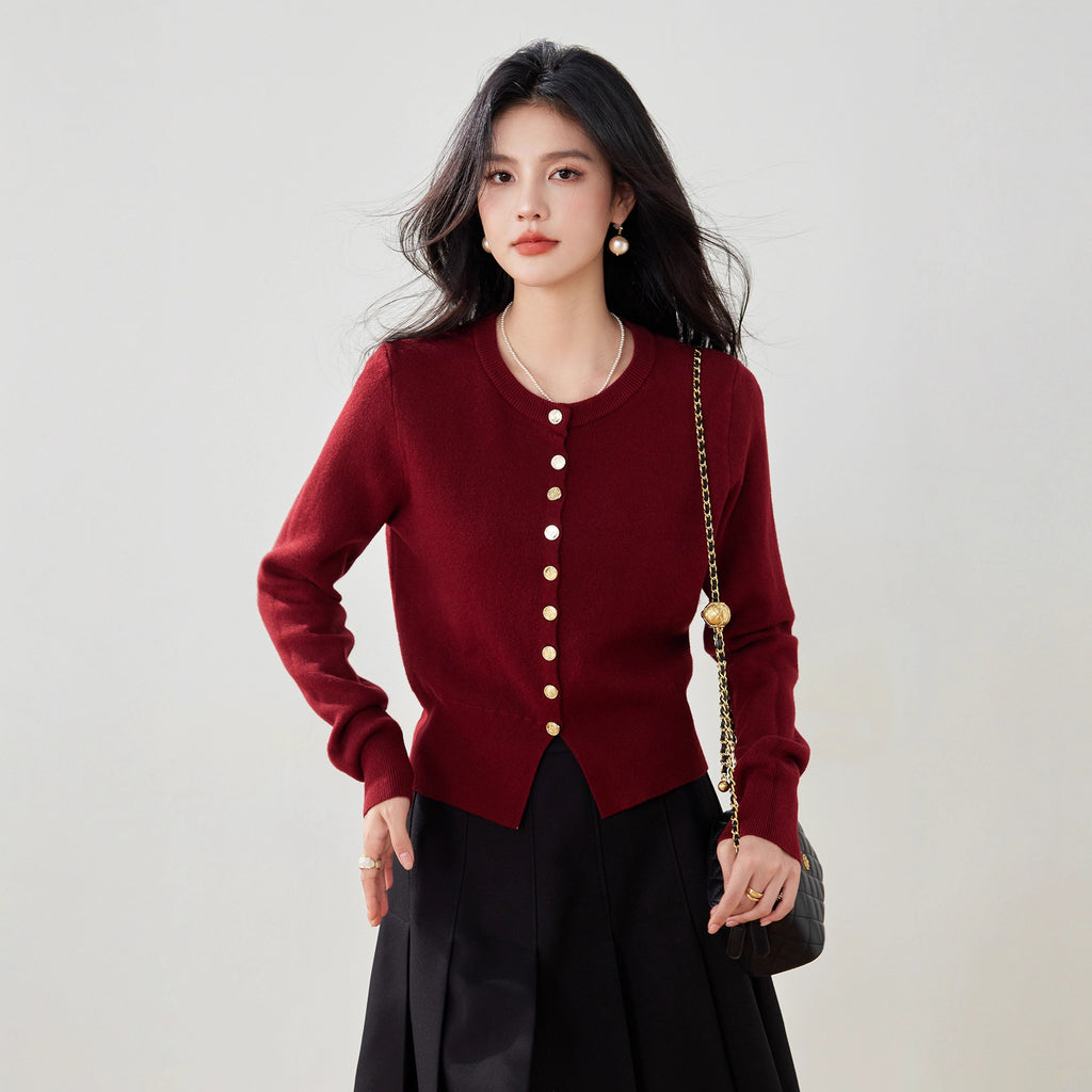 Chic Knit Cardigan Women Autumn Outfit Round Neck Long Sleeve Sweater Red Short Jacket Outerwear Top for Women