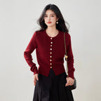 Chic Knit Cardigan Women Autumn Outfit Round Neck Long Sleeve Sweater Red Short Jacket Outerwear Top for Women