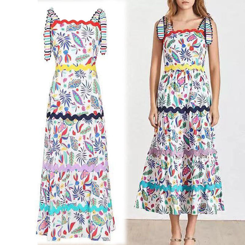 Designer Runway Summer Party Plus Size Long Dress Elegant Retro Flower Printed Spaghetti Strap Beach Dresses