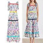Designer Runway Summer Party Plus Size Long Dress Elegant Retro Flower Printed Spaghetti Strap Beach Dresses