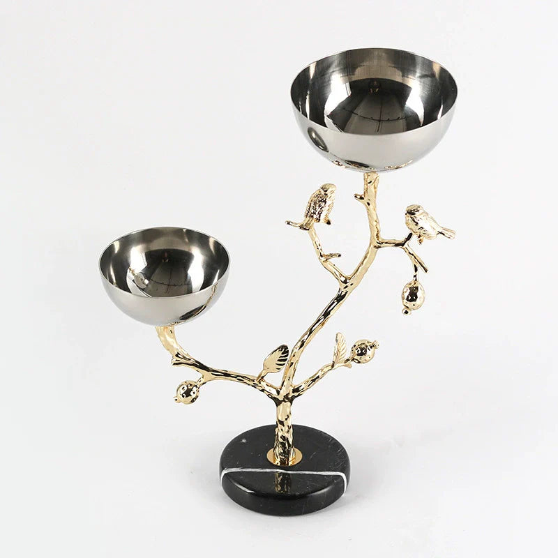 Luxury Bird Branch Decorative Bowl Stand – Dual Stainless Steel Bowls with Golden Tree Design