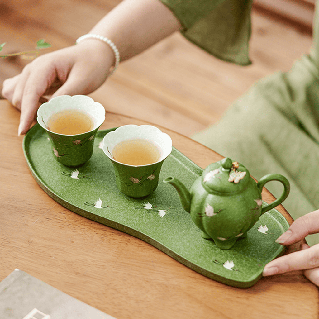 Crane Green Glaze Tea Tray — “Qingchi” Dry Tea Plate-1