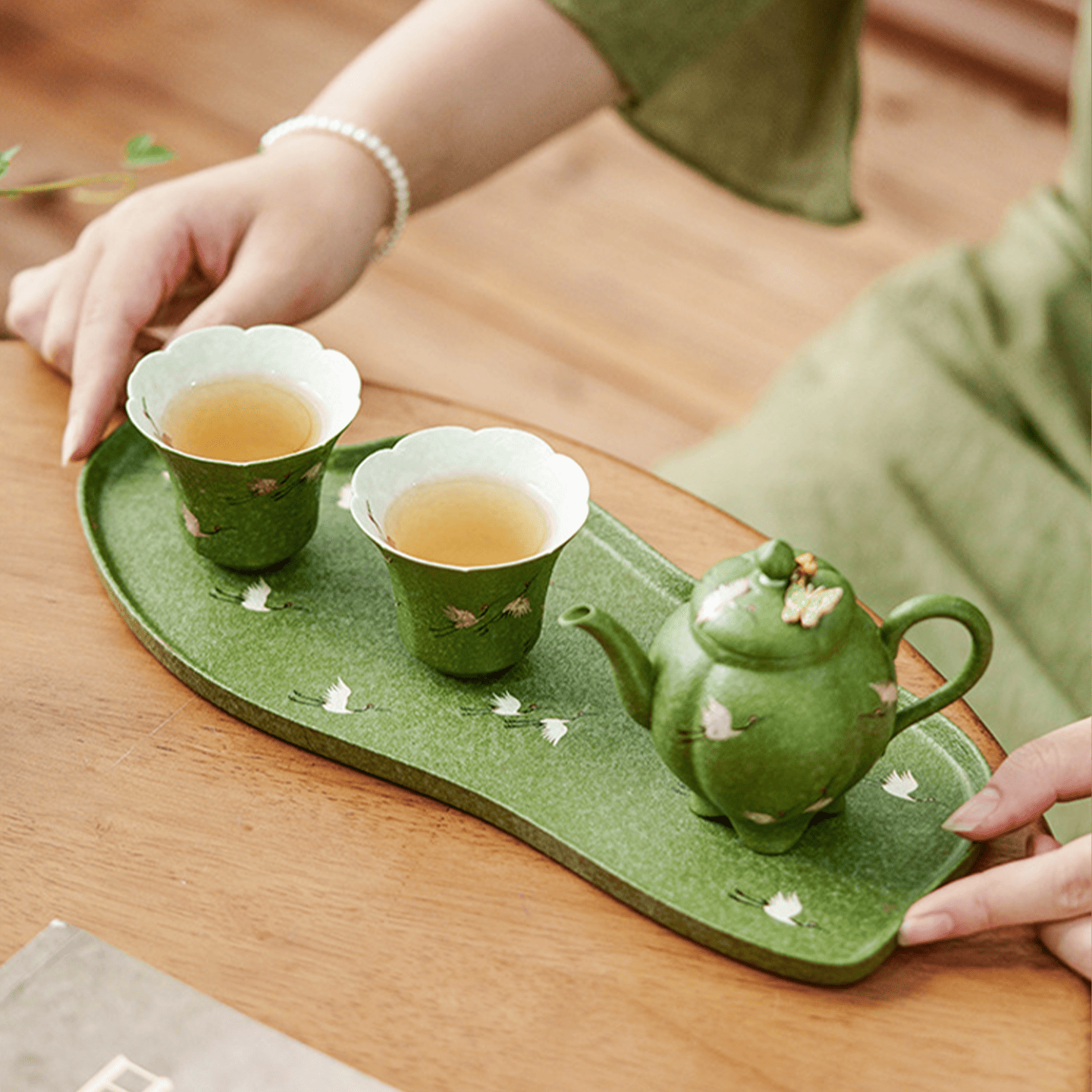 Crane Green Glaze Tea Tray — “Qingchi” Dry Tea Plate-1