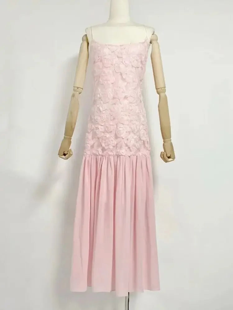Summer New Women's Sexy Spaghetti Strap Sweet Three Dimensional Rose Flower Patchwork Chiffon Pleated Dress Long Dress