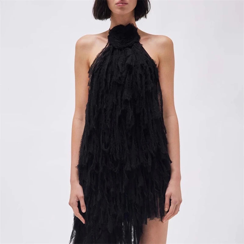 Summer new women's 3D three-dimensional flower decoration halter neck backless tassel streamer vest y2k fashion sexy holiday top
