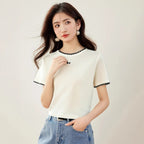Ruffled Collar Color-Blocked Short Sleeve T-Shirt for WomenRegular Shoulder Waist-Cinching, Ideal for Petite Figures