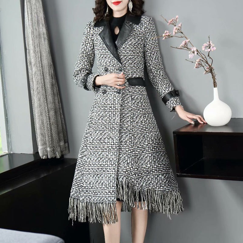 PU Leather Lapel Long Sleeve Double Breasted Waist Irregular Plaid Coat Jacket Women's New Early Autumn