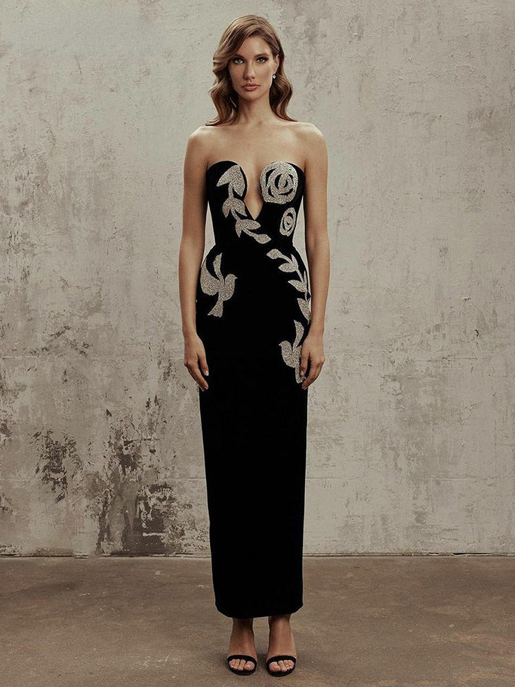 Women Summer Sexy Strapless Backless Sequin Split Black Maxi Long Bodycon Bandage Dress 2023 Elegant Evening Party Club Dresses