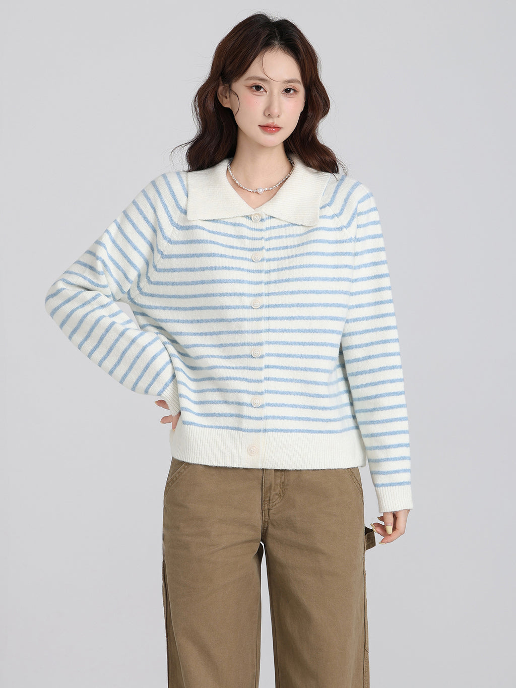 Polo Collar Striped Long Sleeve Knit Cardigan Coat