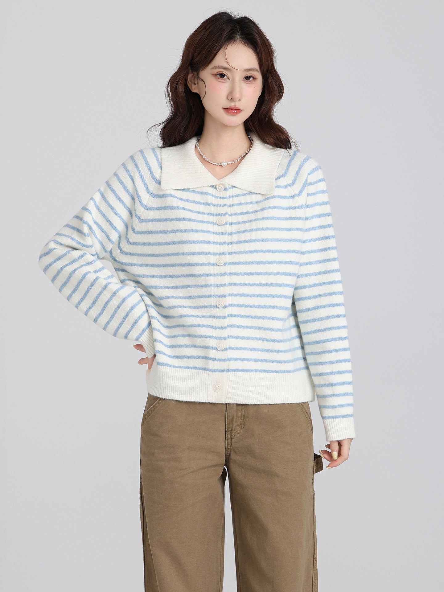 Polo Collar Striped Long Sleeve Knit Cardigan Coat