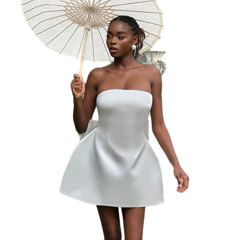 Sexy backless bow satin dress short skirt feminine dress