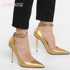 Summer New Women Pumps Metal Thin High Heel Luxury Shallow Pointed Toe Big Size Comfort Party Office Shoes