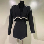 Chic Two Piece Set For Women Notched Collar Long Sleeve Spliced Diamond Blazer High Waist Skirt Slim Set Female New