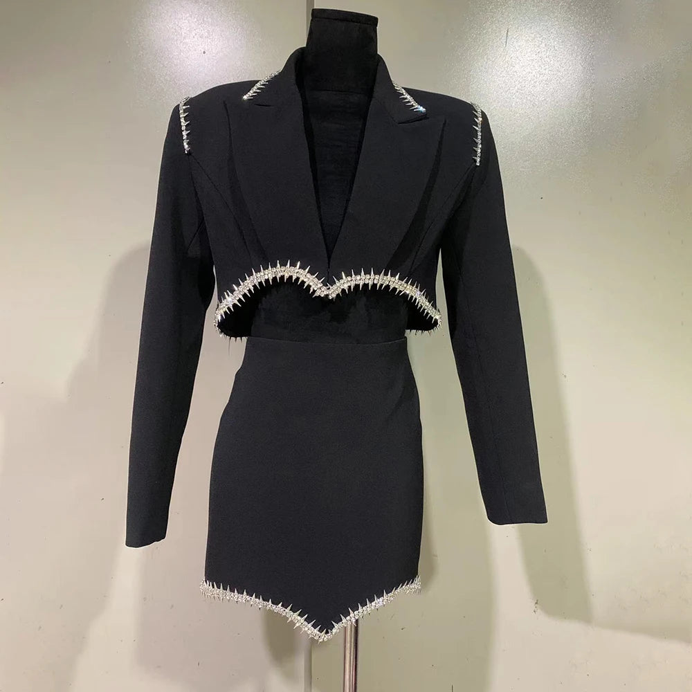 Chic Two Piece Set For Women Notched Collar Long Sleeve Spliced Diamond Blazer High Waist Skirt Slim Set Female New