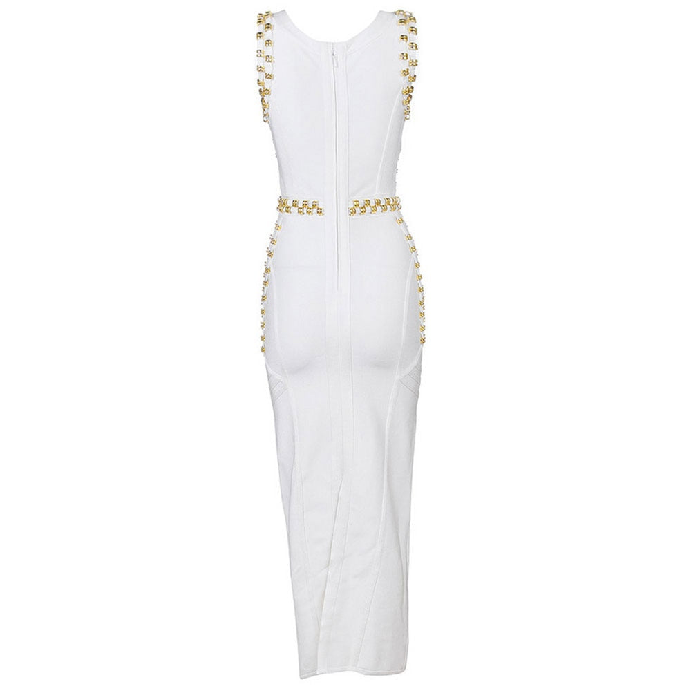 White Sleeveless Metal Ring Adorn Women's Bodycon New Fashion Midi Calf Bandage Dress
