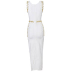 White Sleeveless Metal Ring Adorn Women's Bodycon New Fashion Midi Calf Bandage Dress