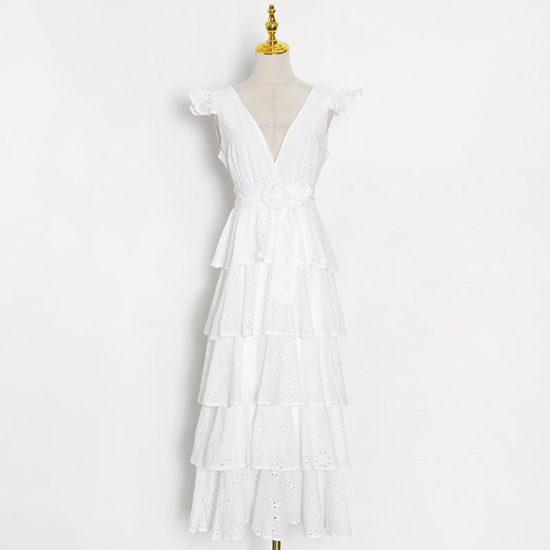 Simple Design Solid Color Cake Skirt Summer New Sexy V-Neck Hook Flower Hollow Stitching Dress