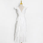 Simple Design Solid Color Cake Skirt Summer New Sexy V-Neck Hook Flower Hollow Stitching Dress