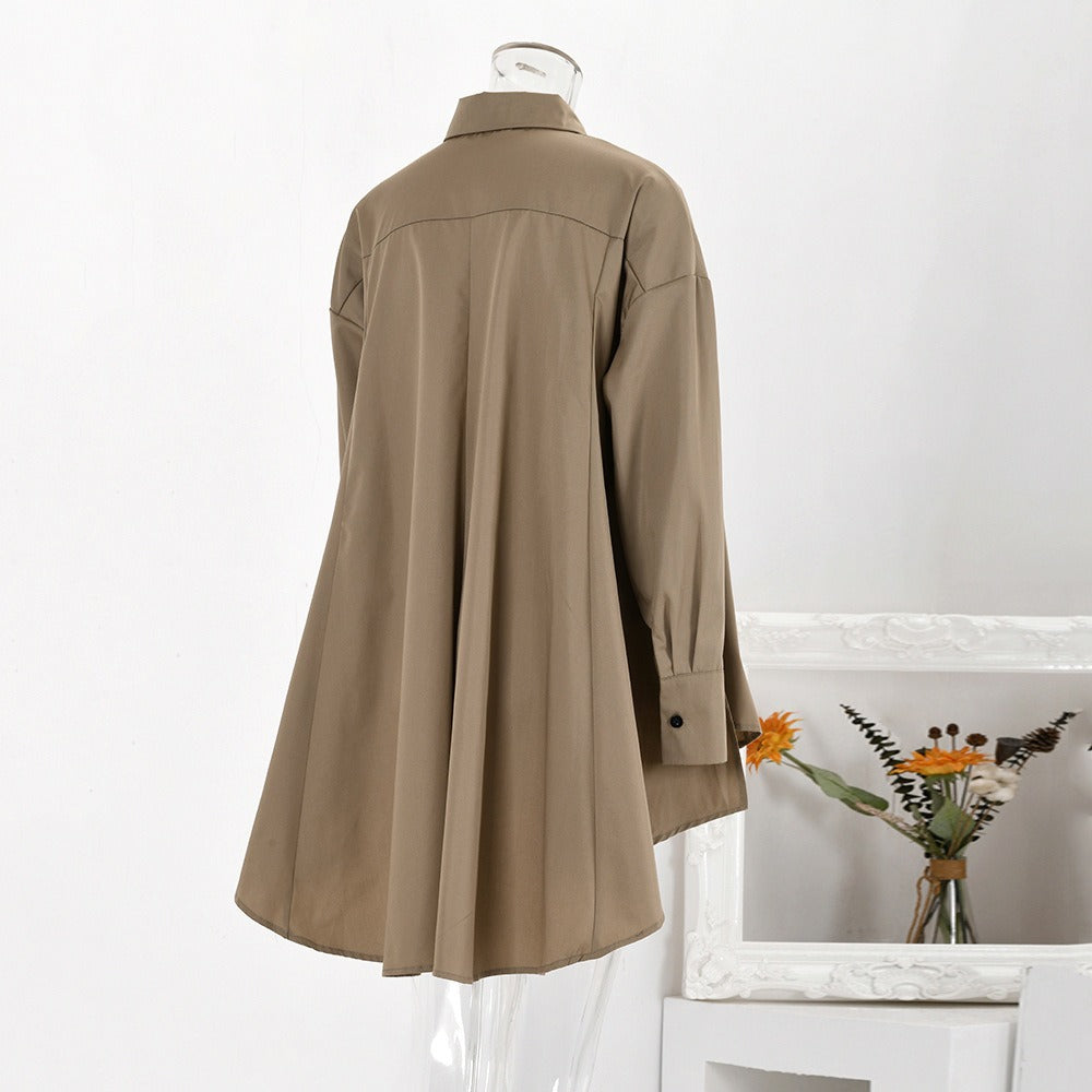Simple silhouette temperament irregular long-sleeved shirt women's spring new casual single-breasted lapel shirt