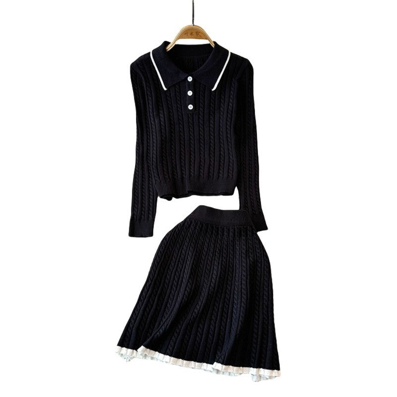 Lazy style, light luxury, high-level sense, Fried Dough Twists knitting suit, women's autumn and winter turtleneck sweater+high waist, slim skirt