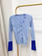Designer Stylish Pink Patchwork V-Neck Flare Sleeve Single Breasted Slimy Tops Cardigans Knitting Buttons Casual Fashion