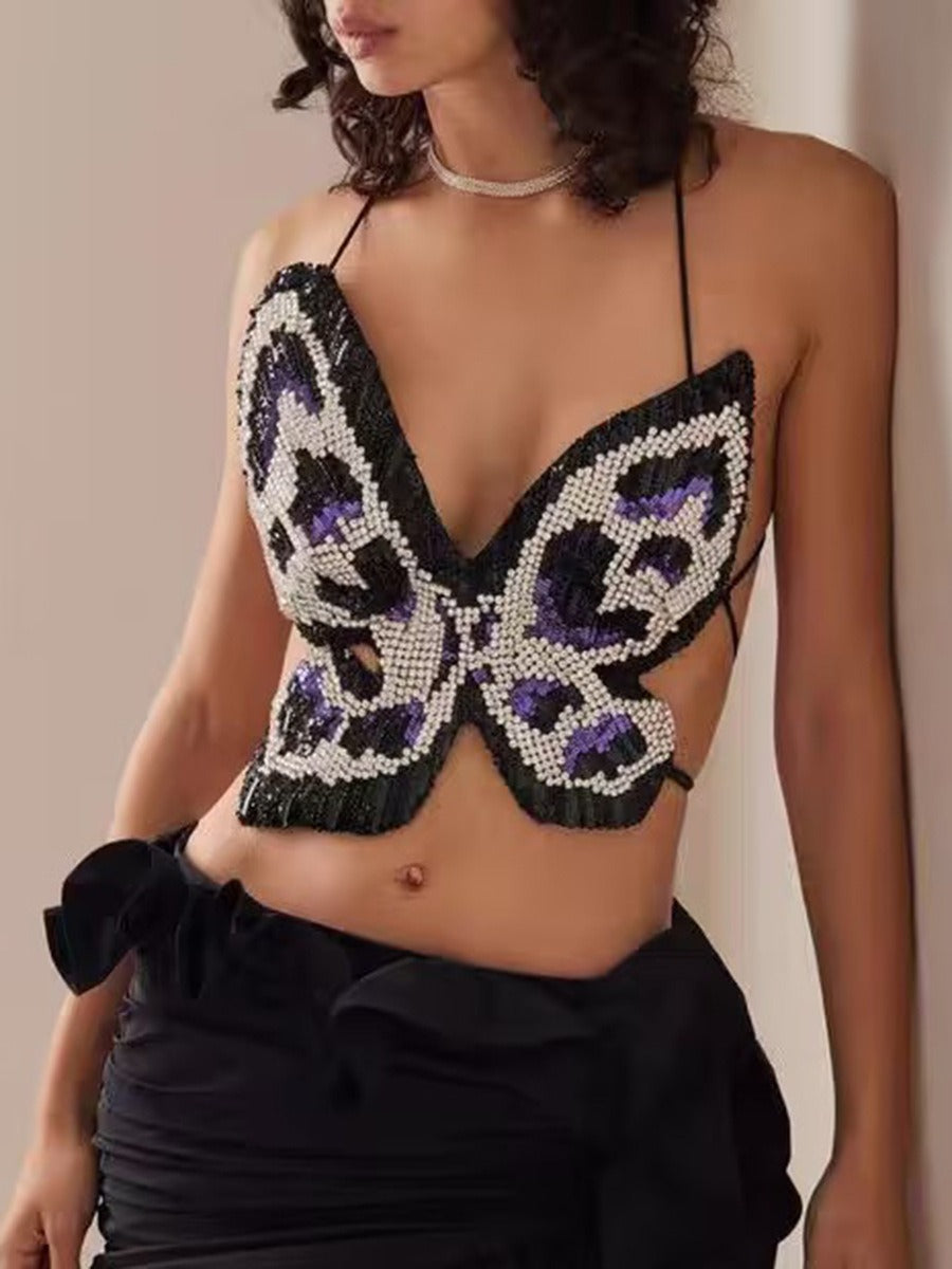 Sexy hot girl style butterfly pattern crystal sequin halter top for women
