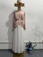 Elegant Color-Blocked Suit Dress for Women, Long Sleeve, Autumn Fashion, Pleated Design