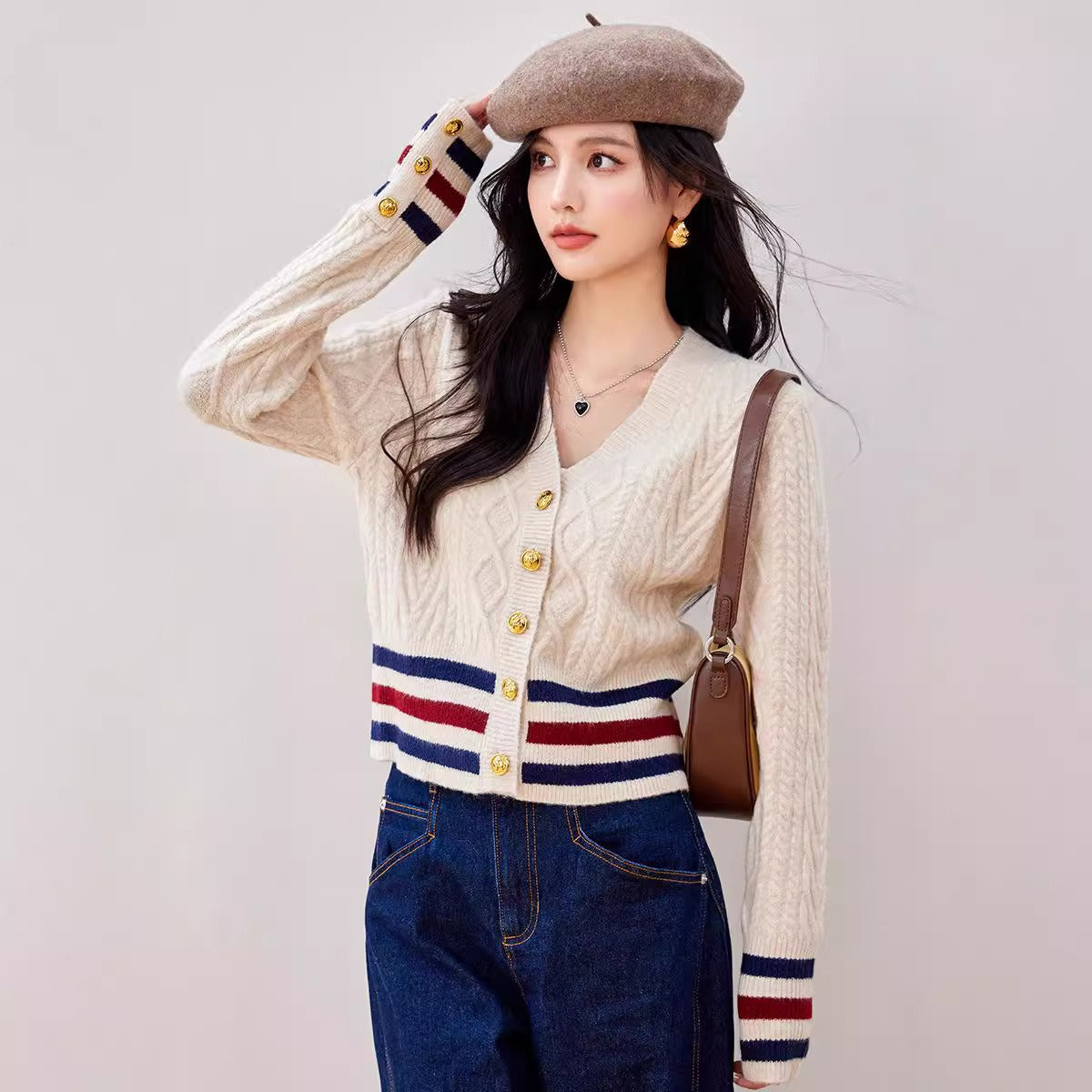 Trendy contrasting design with spliced colorful stripes V-neck short cardigan sweater for women
