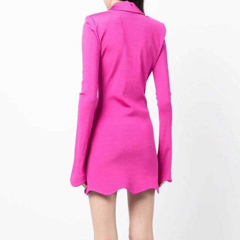 Sexy Deep V-Neck Long Sleeve Rhinestone Wave Cut Hem Stretch Knitted Slim Dress
