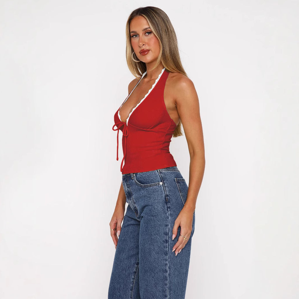 White Lace Frill Halter Backless Design Slimming Tie-Back Camisole