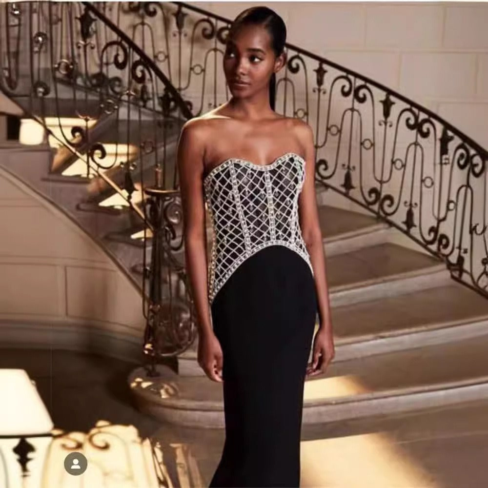 Strapless heavy work nail bead medium length bandage dress in black