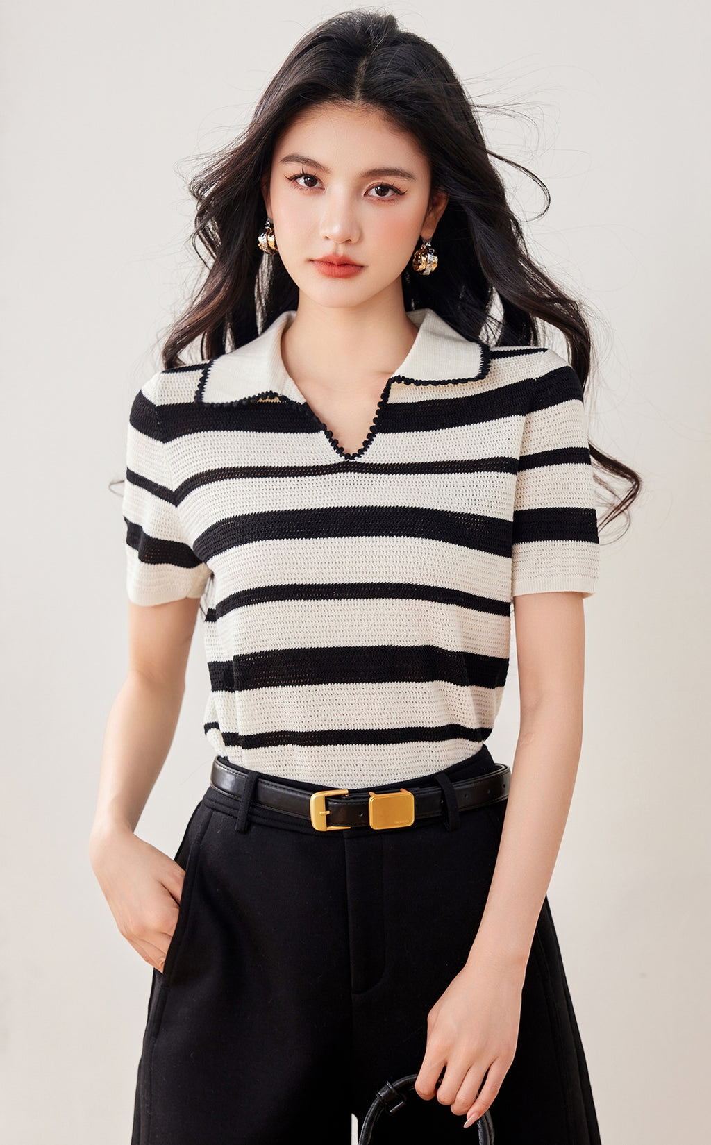 Style Luxury Hand-Crocheted Stripe V-Neck Polo Short Sleeve T-Shirt