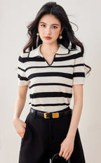 Style Luxury Hand-Crocheted Stripe V-Neck Polo Short Sleeve T-Shirt