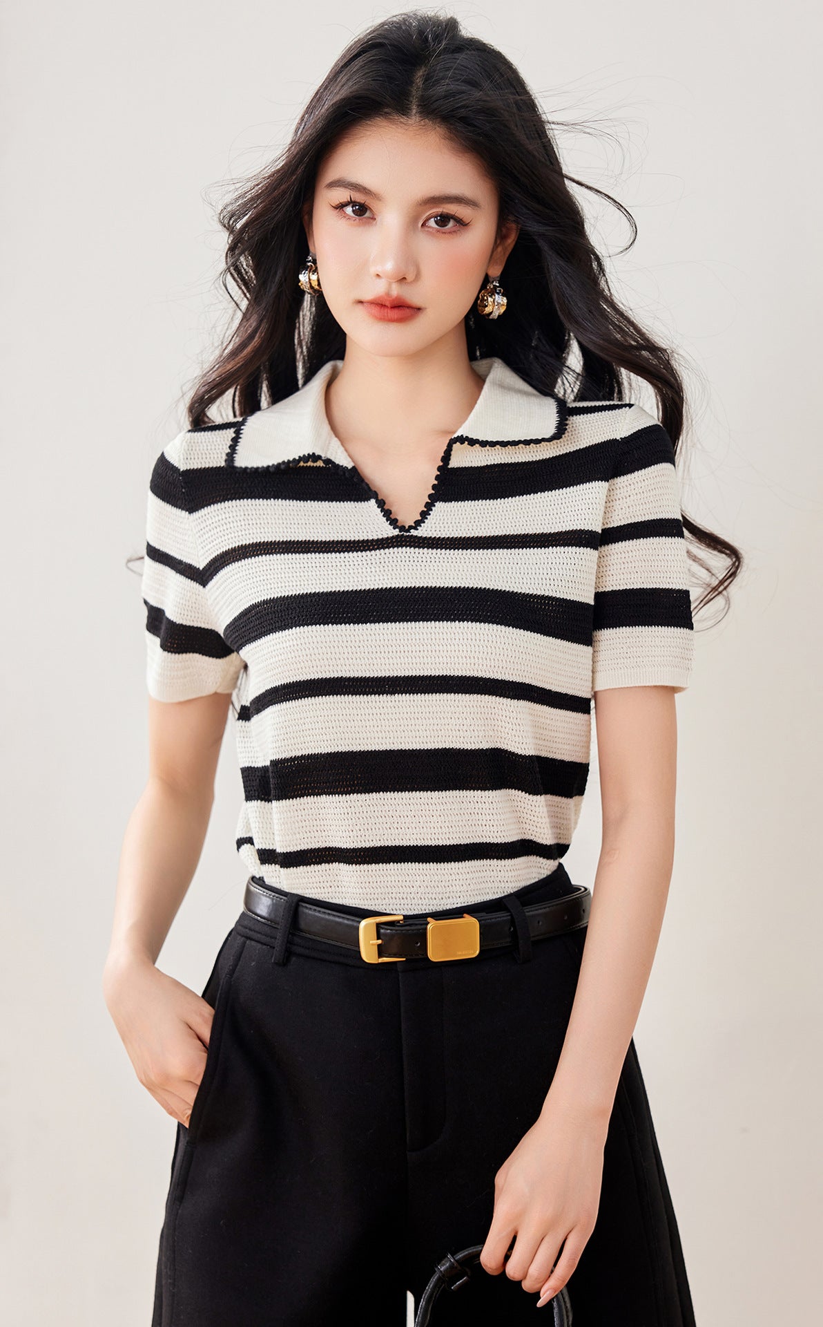 Style Luxury Hand-Crocheted Stripe V-Neck Polo Short Sleeve T-Shirt
