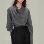 Vintage Loose Drape Neck Asymmetrical Design Long Sleeve Shirt Blouse for Women, TR Fine Diagonal Comfortable Autumn Style