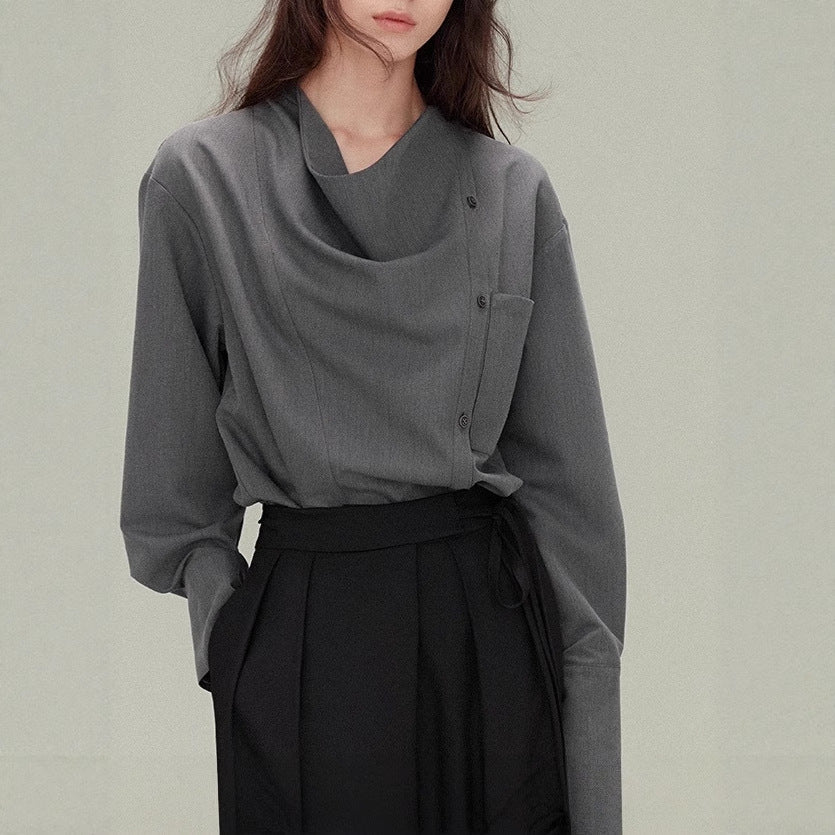Vintage Loose Drape Neck Asymmetrical Design Long Sleeve Shirt Blouse for Women, TR Fine Diagonal Comfortable Autumn Style