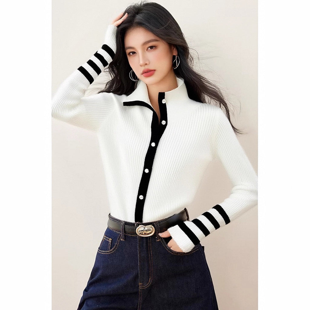 Fashionable Stripe Spliced Color-Blocking Knit Cardigan for Women, French Style Top, Casual Wear