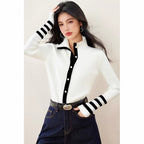 Fashionable Stripe Spliced Color-Blocking Knit Cardigan for Women, French Style Top, Casual Wear