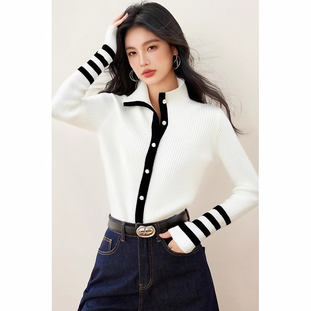 Fashionable Stripe Spliced Color-Blocking Knit Cardigan for Women, French Style Top, Casual Wear