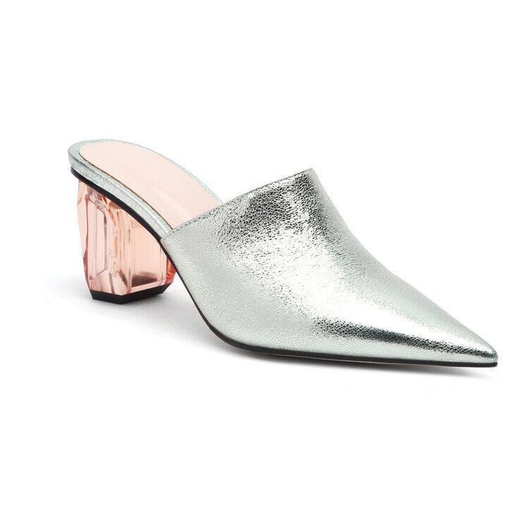 Womens Pointed Toe Leather Clear Stitching Snake Pattern Mules Crystal Heel Slippers Slides Shoes Sandals Summer Plus Size