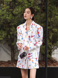 Runway Designer Women Loose Blazers White Hit Color Flower Printed Crystal Buttons Femme Jacket Large Size Outfit