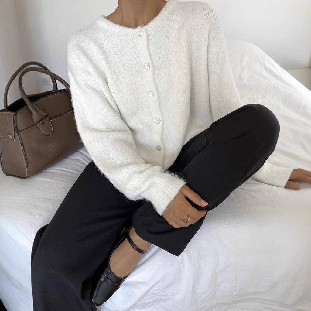 White Knit Cardigan Women's Vintage Shell Button Grey Wool Sweater Jacket Ins Style