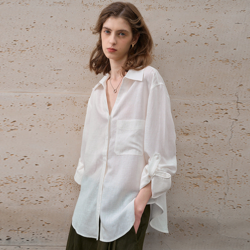 Lightweight Pure Linen Blouse for Women - Simple Solid Color Notched Collar Cardigan Loose Long Sleeve Shirt