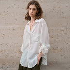 Lightweight Pure Linen Blouse for Women - Simple Solid Color Notched Collar Cardigan Loose Long Sleeve Shirt