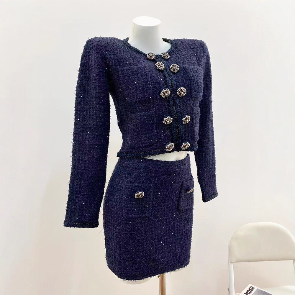Chic Navy Blue Double-Breasted Lurex Knit Cardigan and Skirt Set