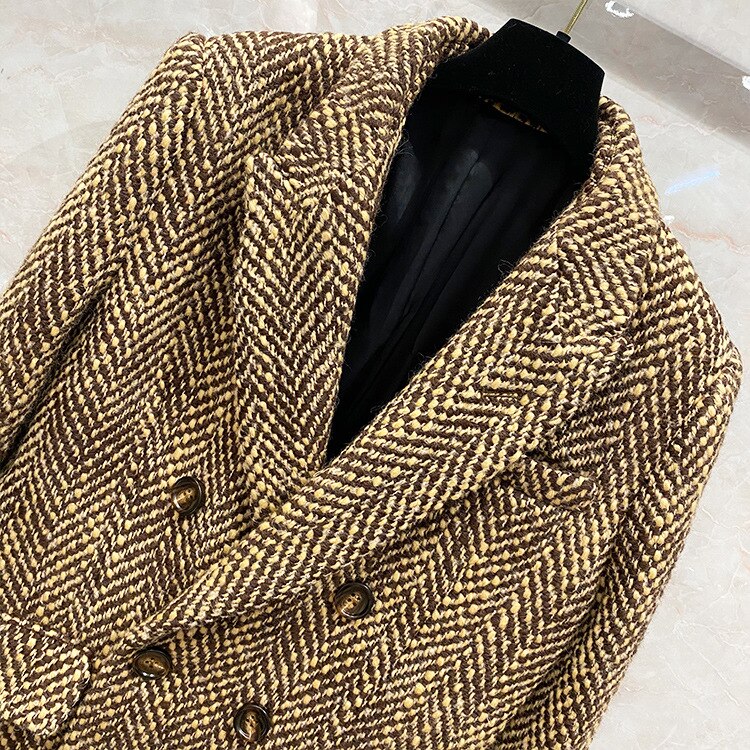 New Retro Herringbone Mohair Coat Women's Woolen Tweed Over The Knee Suit Collar Long Coat